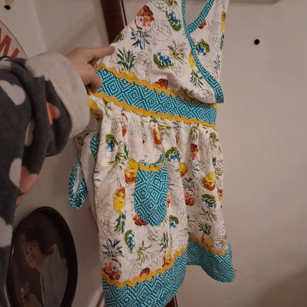 Vtg Pier 1 Apron AOP Bright Pineapple Teal Yellow Rickrack‎ Magenta Tradwife